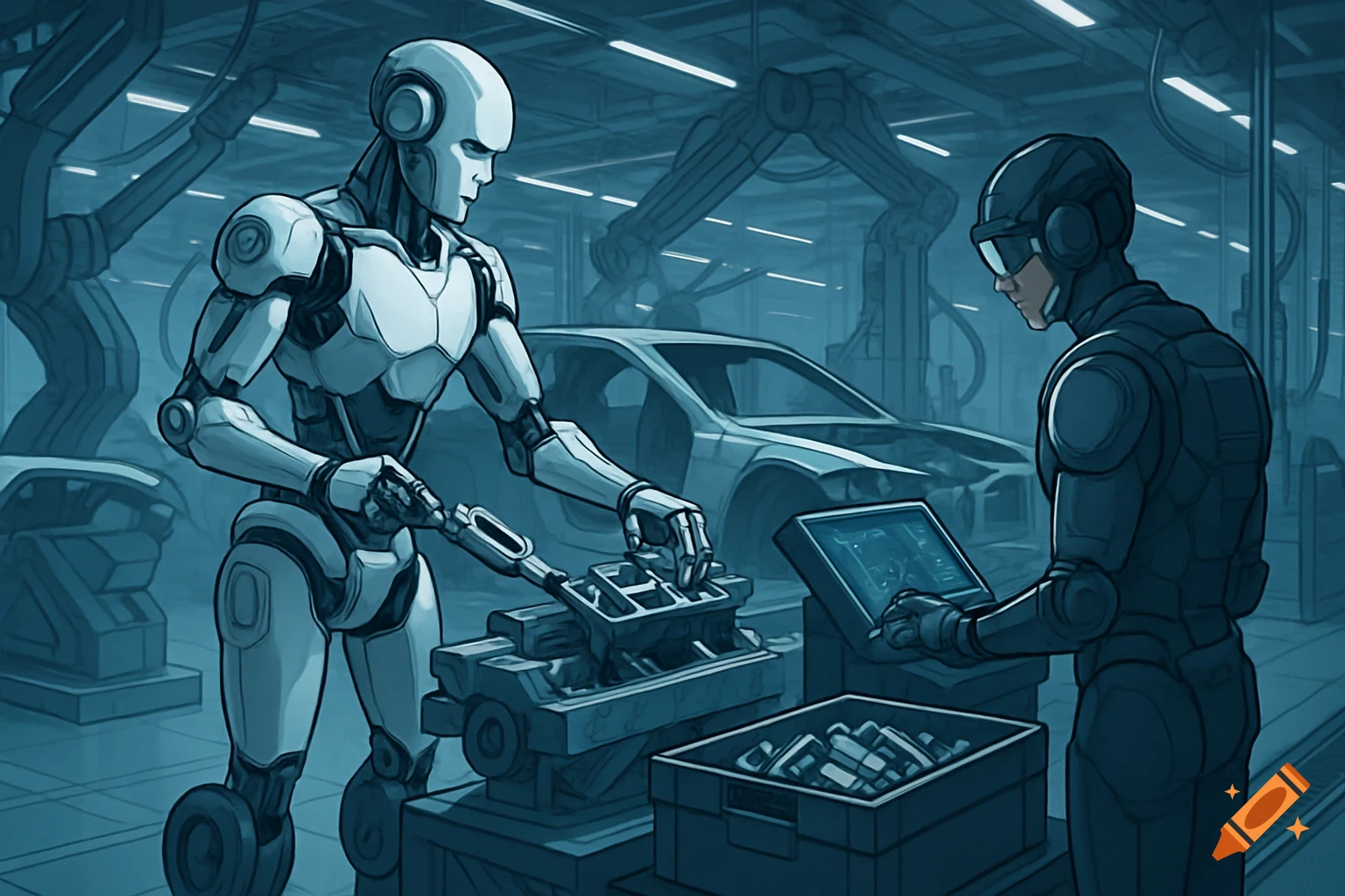 A robot and a human worker collaborate in a futuristic factory, assembling parts for a car chassis. Stylized blue monochrome.