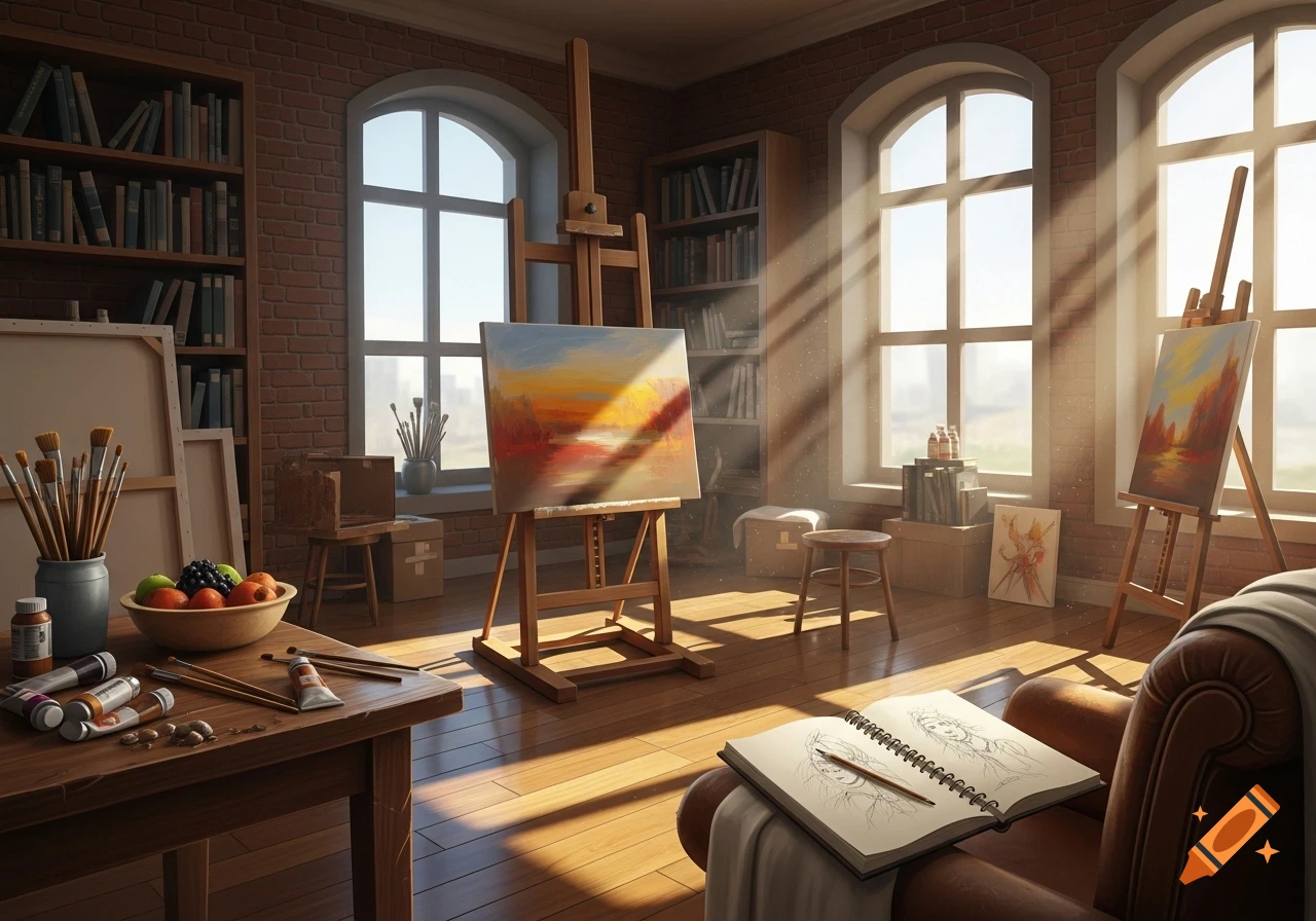 Photorealistic image of a sunlit artist's studio with easels, paintings, brushes, books, and fruit on a table.