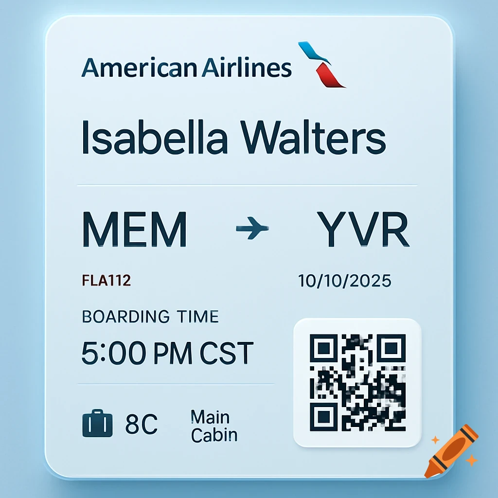 A digital American Airlines boarding pass for Isabella Walters from MEM to YVR, boarding at 5:00 PM CST on 10/10/2025.