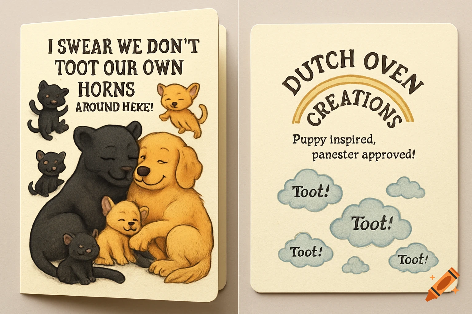 A folded greeting card. The front shows a black panther and a golden retriever snuggling with three smaller creatures, above them the text 'I SWEAR WE DON'T TOOT OUR OWN HORNS AROUND HEKE!'. The back shows 'DUTCH OVEN CREATIONS' with a rainbow, 'Puppy inspired, panester approved!', and several clouds with 'Toot!' inside.