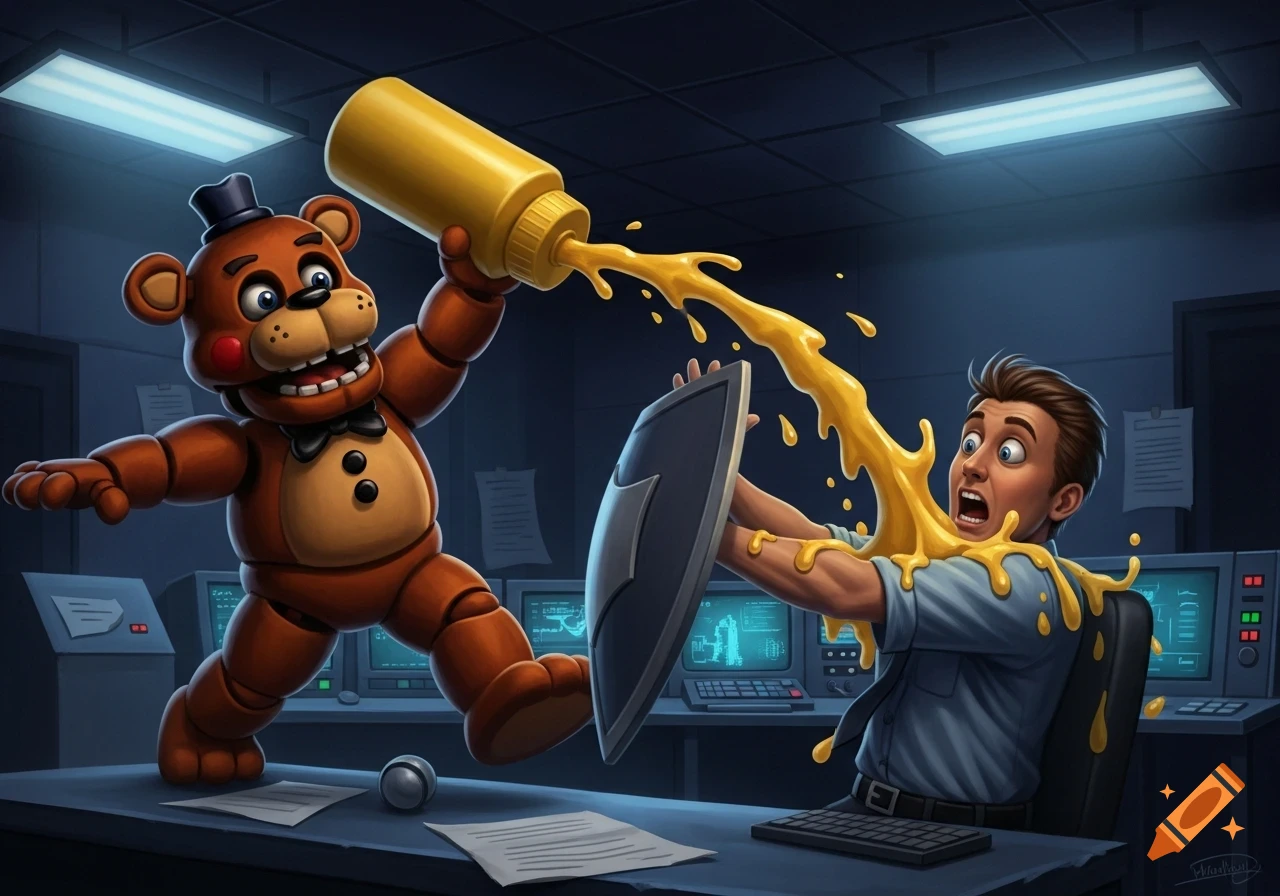 Cartoon of Toy Freddy spraying mustard from a bottle onto a man shielding himself in a dark office.