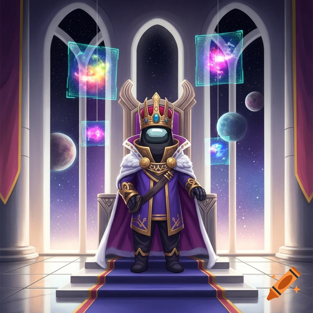 An Among Us character dressed as a king in royal purple and gold attire, wearing a crown, standing before a throne in a grand cosmic hall with floating galaxies.