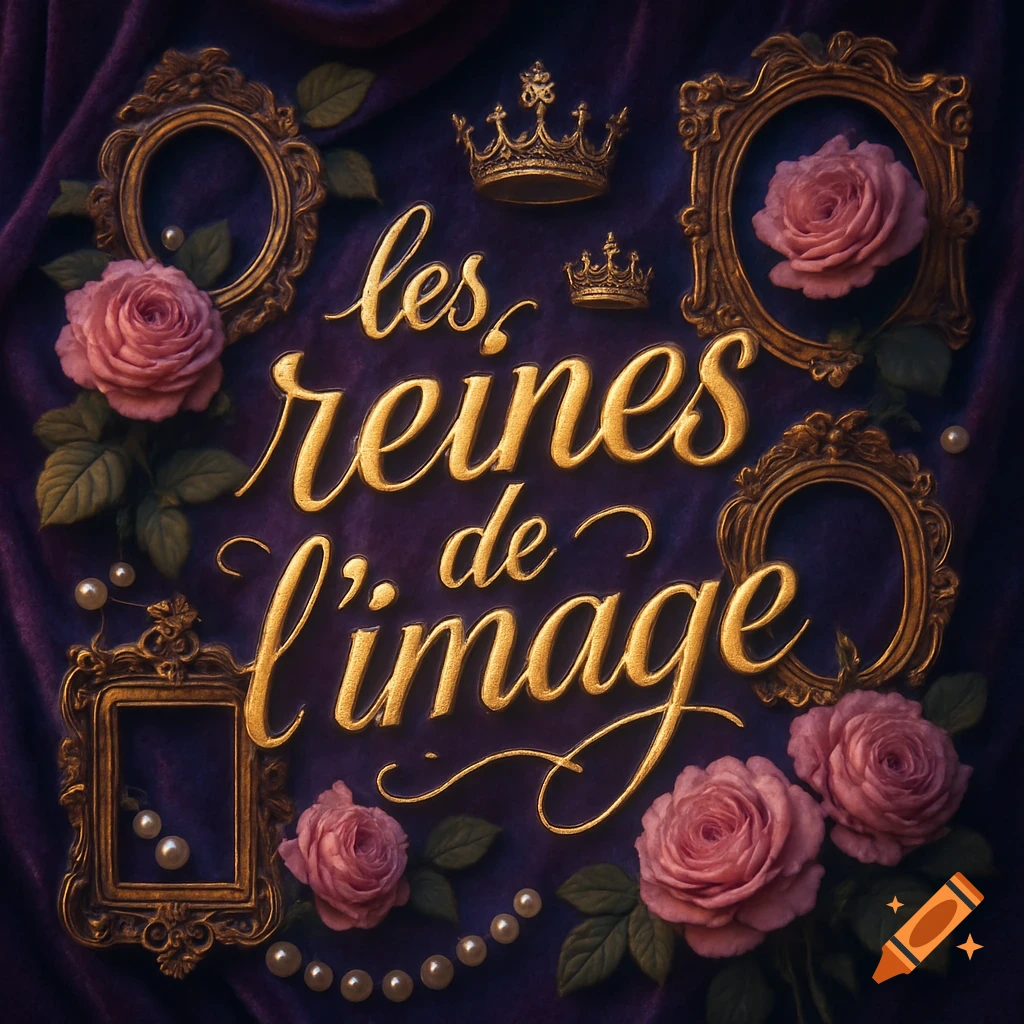 A rich graphic composition featuring gold calligraphic text "les reines de l'image" on purple velvet, adorned with ornate golden crowns, pink roses, and strings of white pearls.