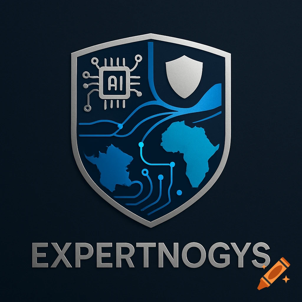 A metallic shield logo with blue accents, featuring a circuit board with 'AI', a generic shield, and maps of Africa and South America. The text 'EXPERTNOYS' is below.