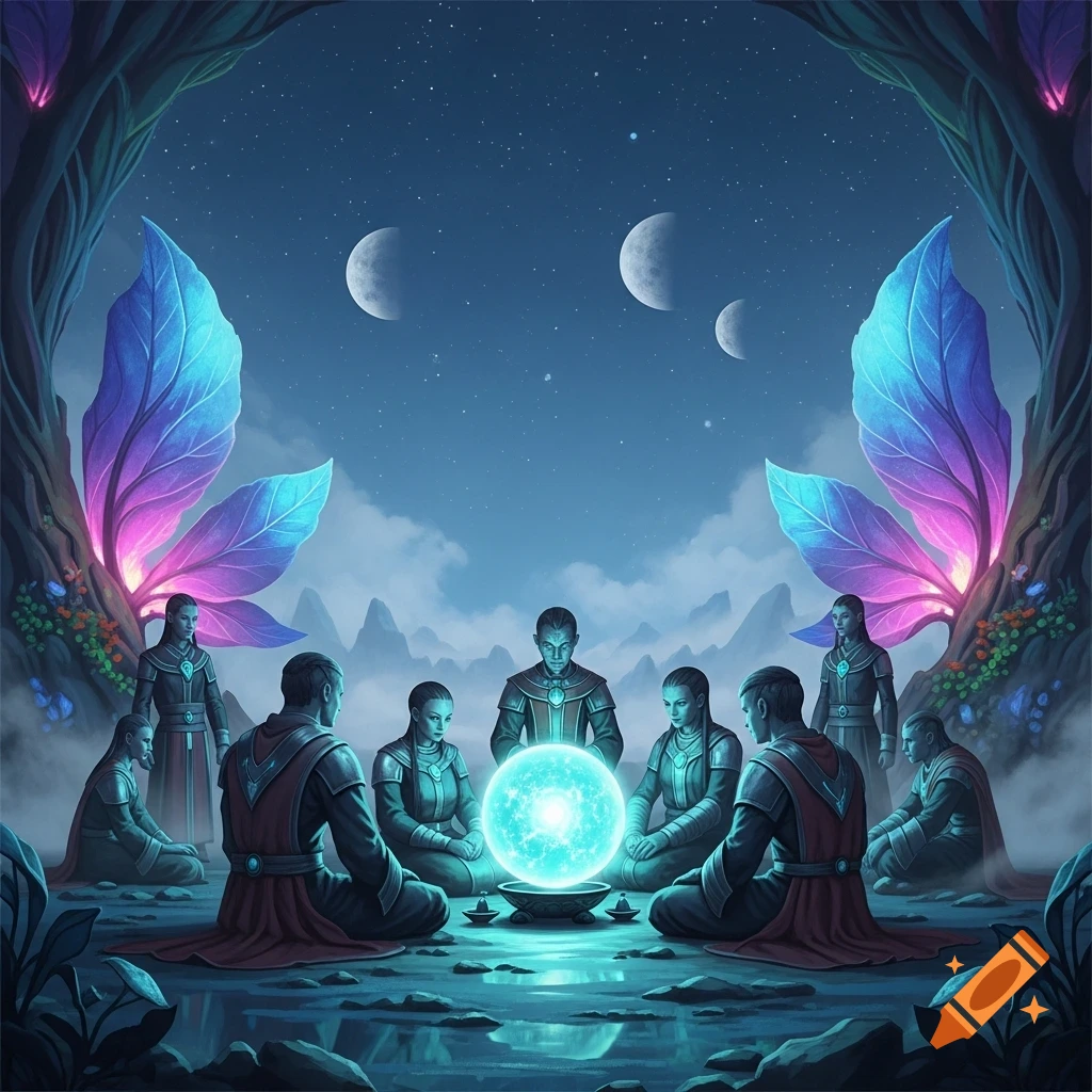 A group of humanoid figures in futuristic-fantasy attire gather around a glowing orb in a mystical alien landscape under multiple moons.