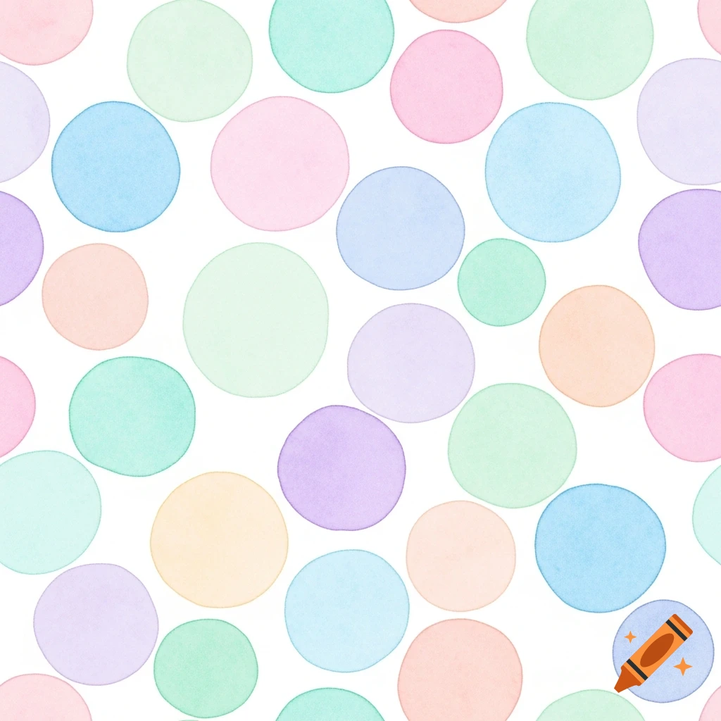 A seamless watercolor pattern featuring pastel circles of varying sizes and opacity on a white background.