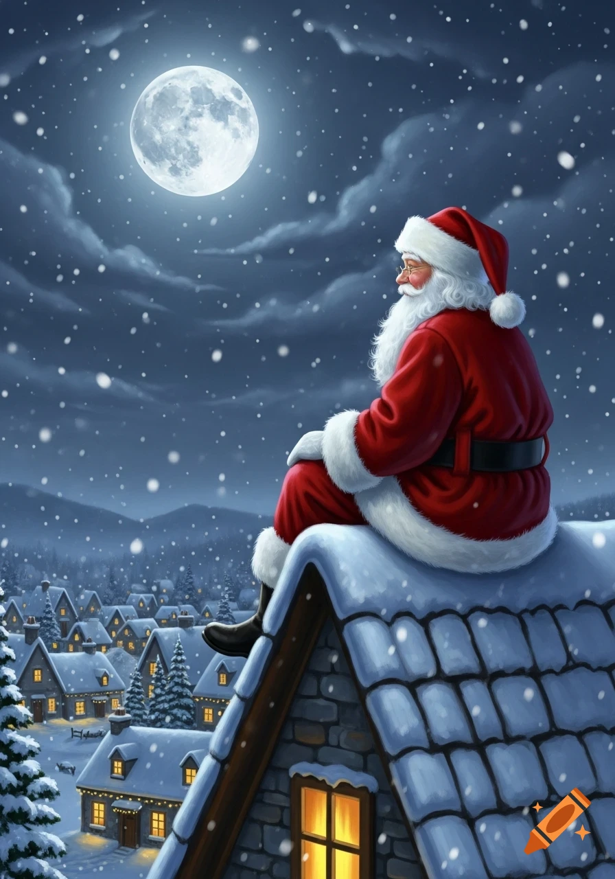 Santa Claus sits on a snow-covered rooftop at night, gazing at a full moon over a festive, illuminated village as snow falls.