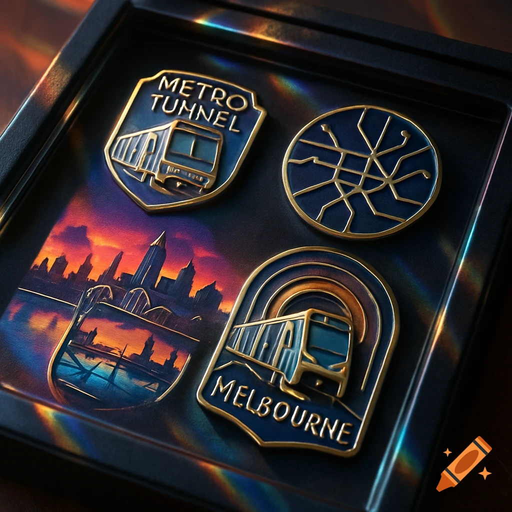Four stylized blue and gold collectible pins for the Melbourne Metro Tunnel, depicting trains, a city skyline, and a metro map in a display case.