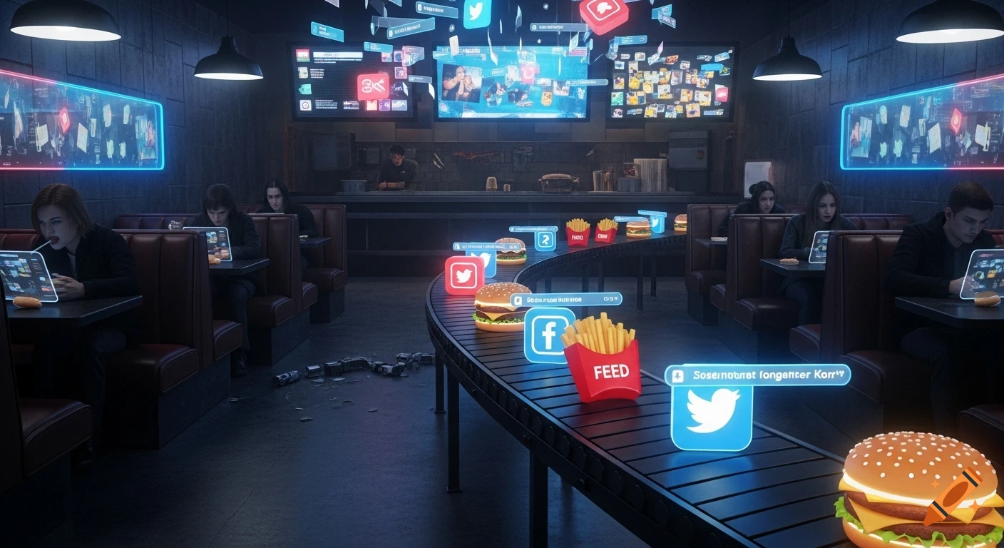 A dark, futuristic fast-food restaurant. Patrons at booths stare at glowing screens. A conveyor belt moves burgers and fries with social media icons and glowing, garbled text bubbles.