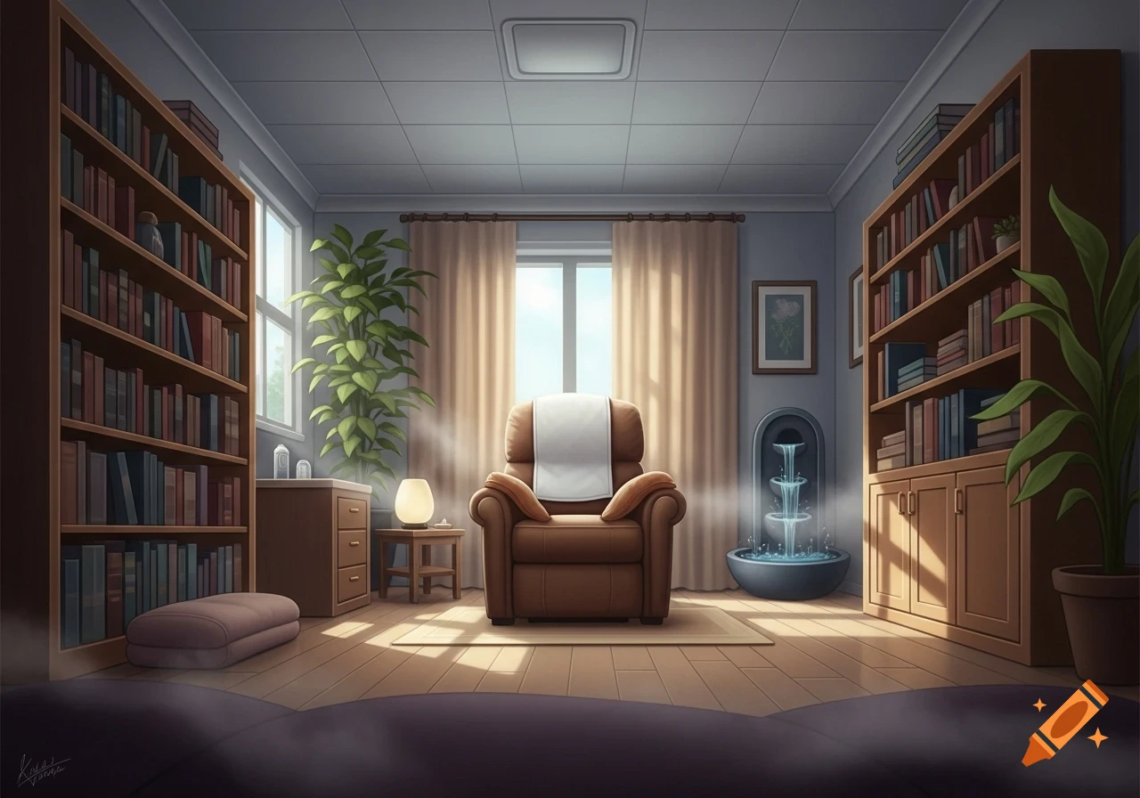 An anime-style room with a brown armchair, two large bookshelves, potted plants, and a small water fountain next to a window.
