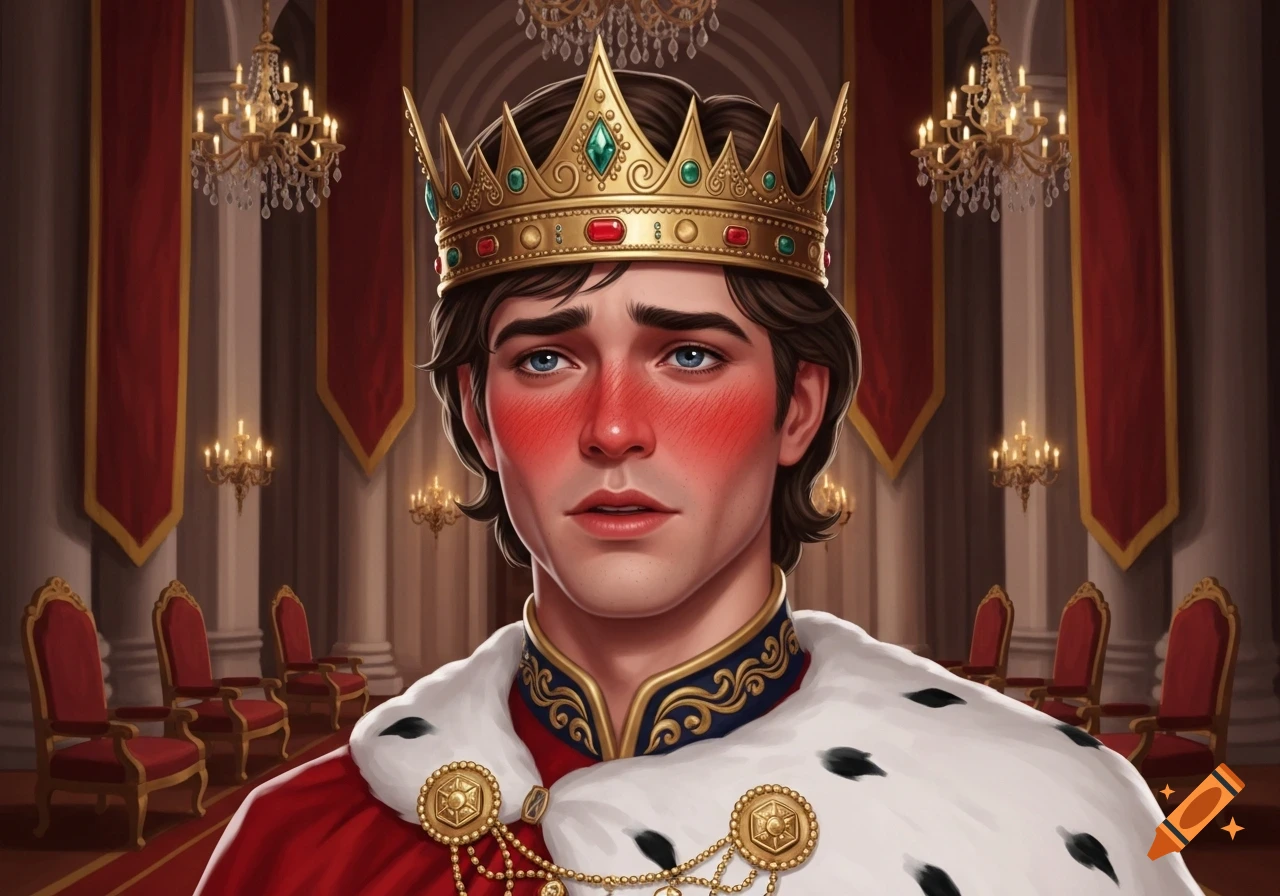 A young prince with a flushed, embarrassed face wears a golden crown and a royal red and white fur cloak in a grand hall.