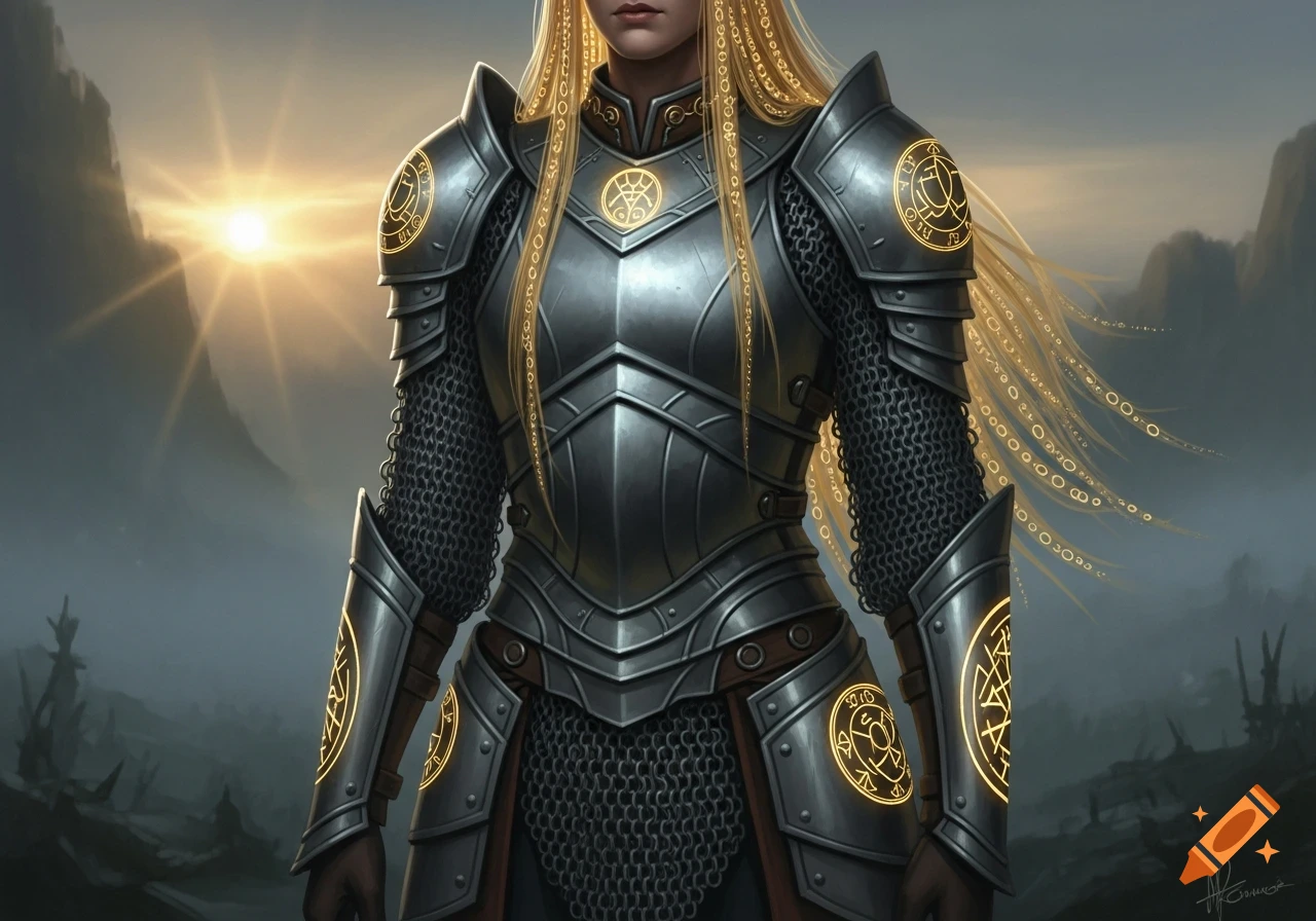 Close-up of a person in detailed silver plate armor and chainmail with glowing golden runes, long blonde hair, against a sunrise mountain backdrop.
