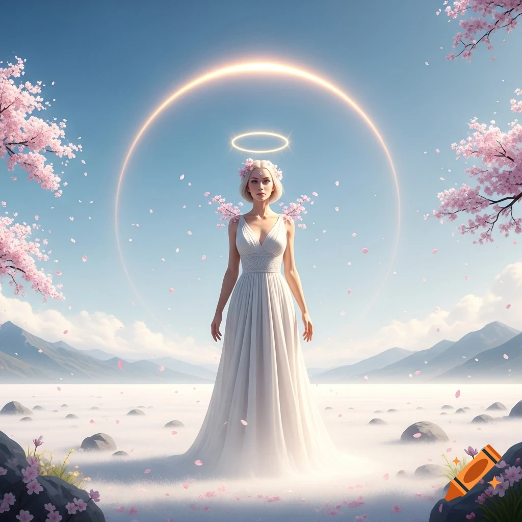 An angelic woman in a white gown with a halo and floral wings stands in a misty landscape with cherry blossoms under a glowing ring in the sky.