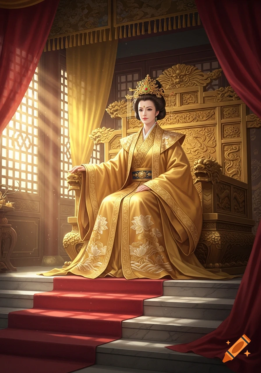 A regal Asian queen in elaborate golden robes and a crown sits on a gilded imperial throne in a sunlit, lavish chamber.