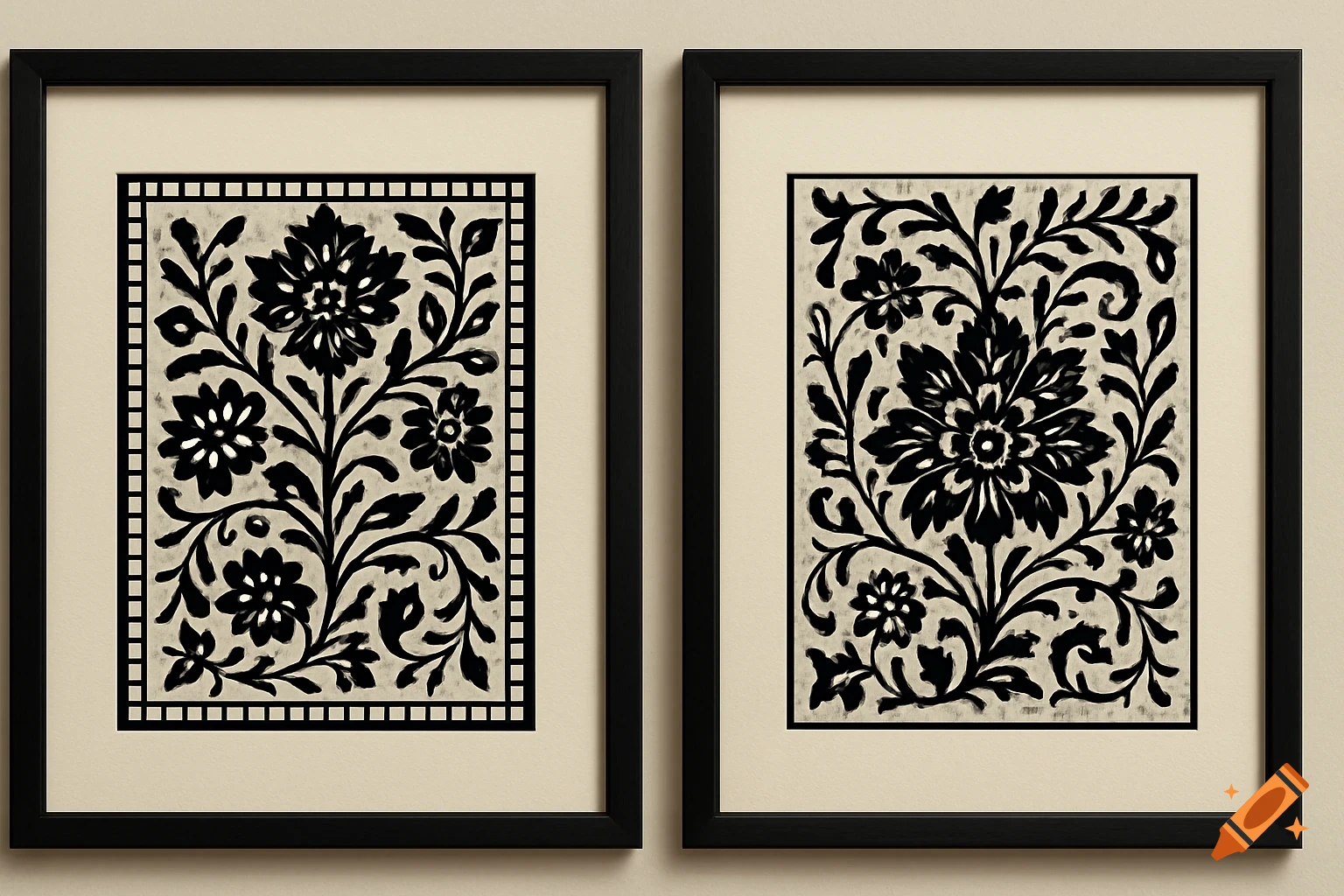 Two framed art prints featuring black and cream floral Scheerenschnitt (paper-cut) patterns with decorative borders.