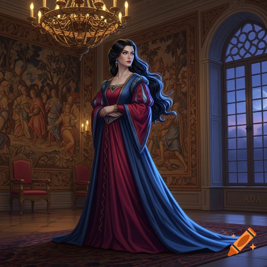 A woman with long dark hair in a flowing red and blue medieval gown ...