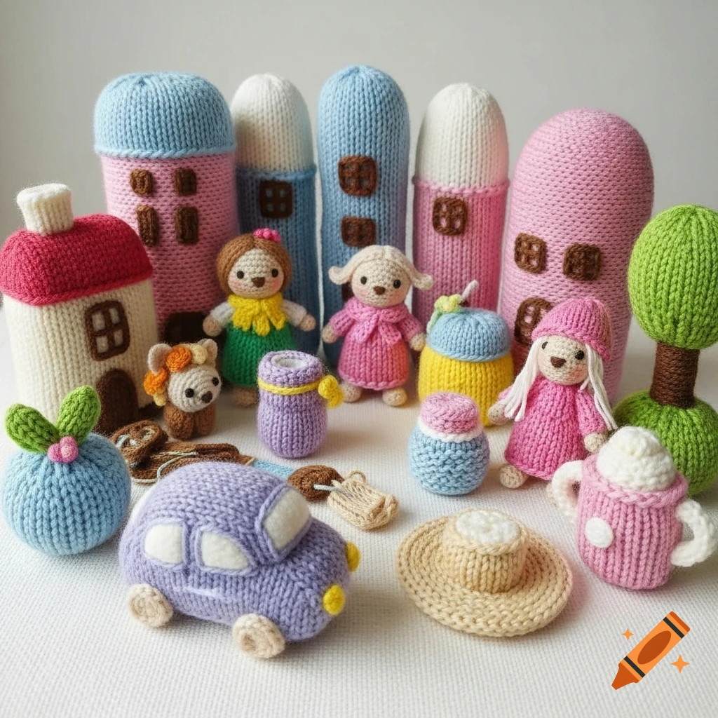 A collection of colorful knitted toys, including houses, dolls, a car, and trees, arranged in a whimsical diorama.