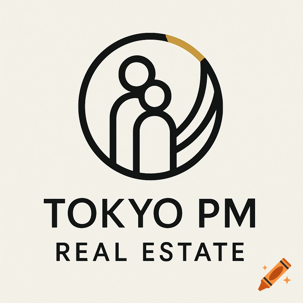 A black and gold logo for Tokyo PM Real Estate, featuring two abstract human figures within a circular frame with curved lines.