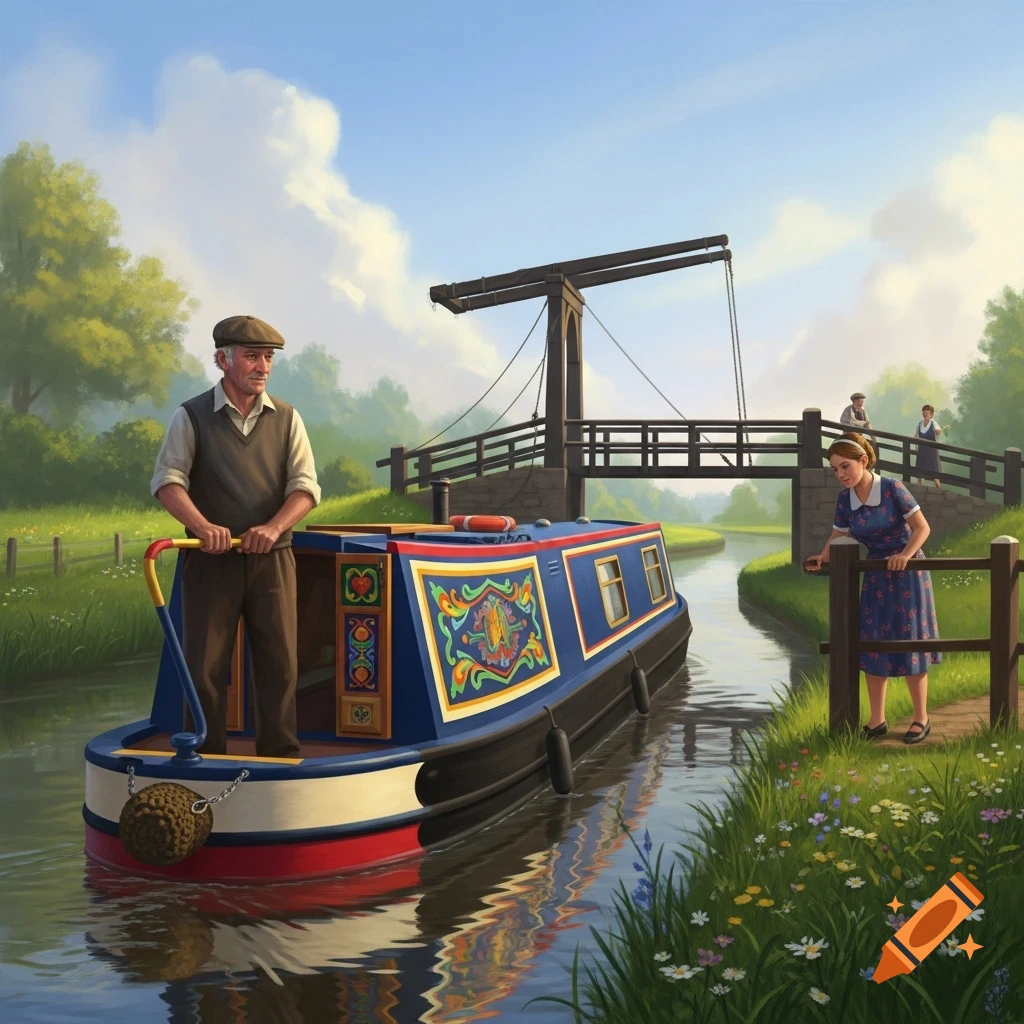 A man on a blue and red canal boat holds the tiller, waiting as a woman on the grassy bank opens a wooden swing bridge in a scenic rural setting.