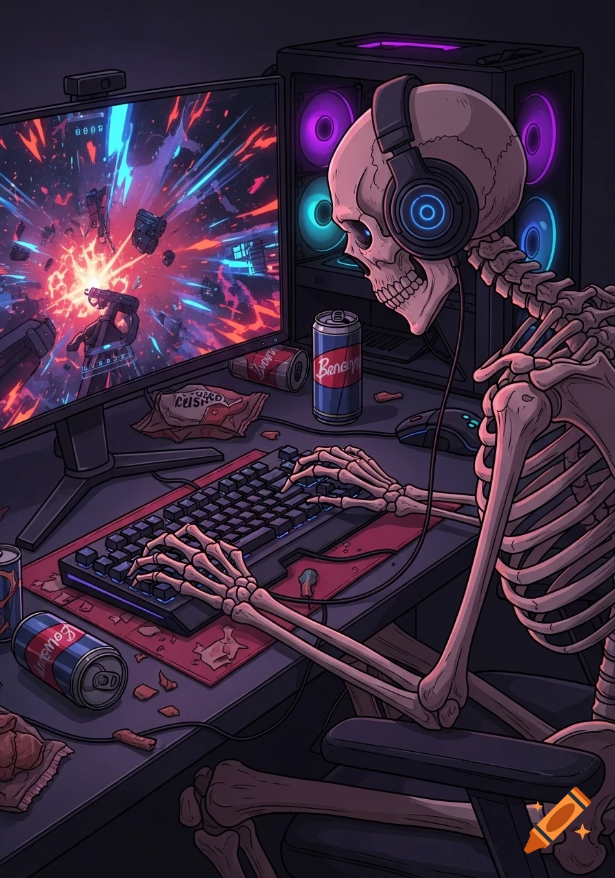 A stylized skeleton wearing headphones sits hunched over a gaming desk, typing on a keyboard while a chaotic game explodes on the monitor.