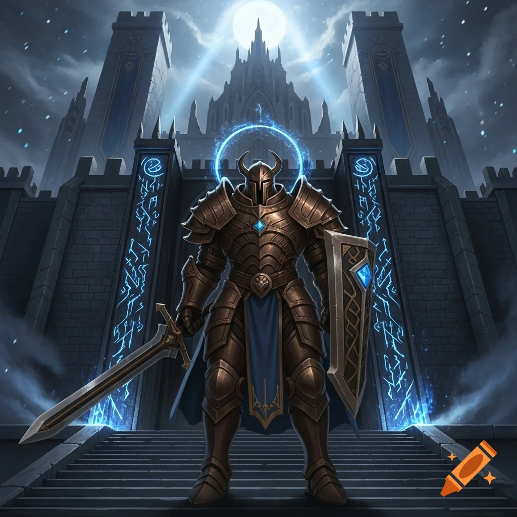 A fully armored knight with a sword and shield stands on stairs before a grand, dark castle under a full moon, bathed in blue magical light.