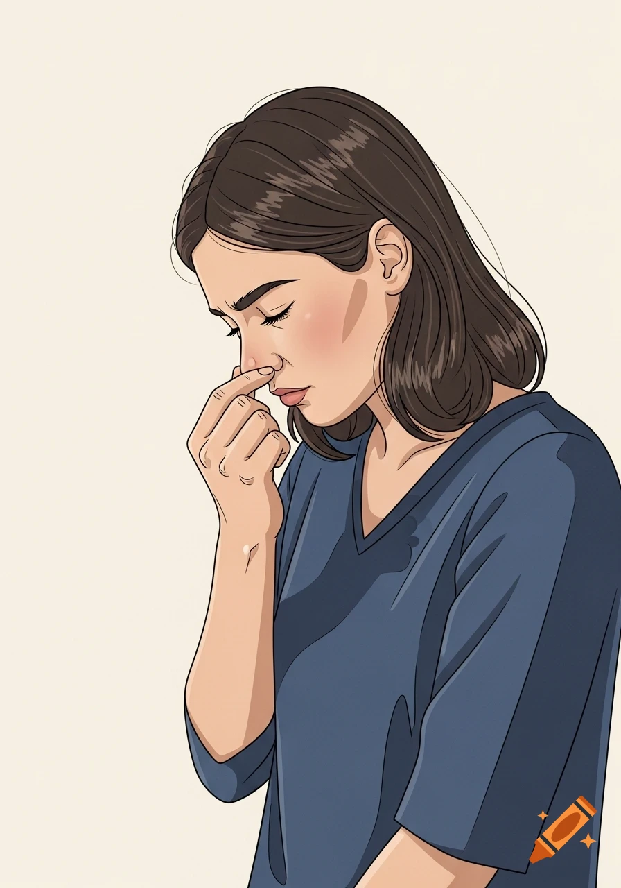 Illustration of a woman with brown hair, looking down and holding her nose, showing discomfort from an unpleasant smell.