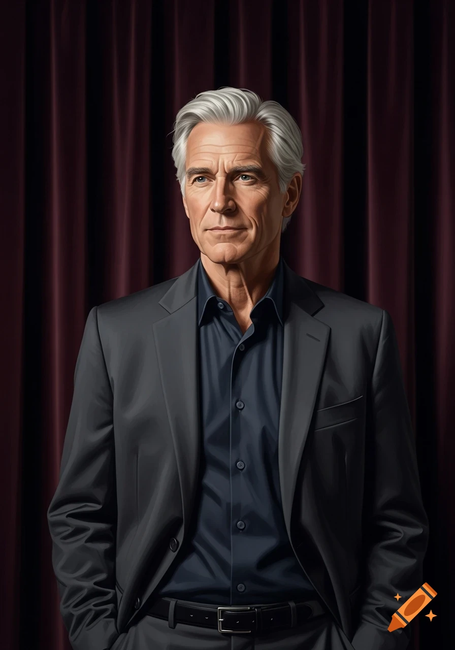 A photorealistic portrait of an older man with gray hair, wearing a dark suit and blue shirt, against a dark red curtain.