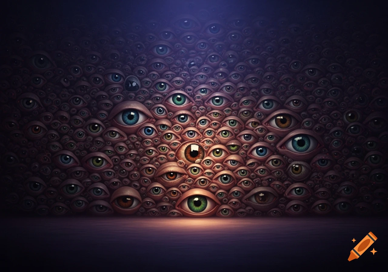 A dark, eerie wall covered entirely with countless human eyes of various colors and sizes, all staring forward.