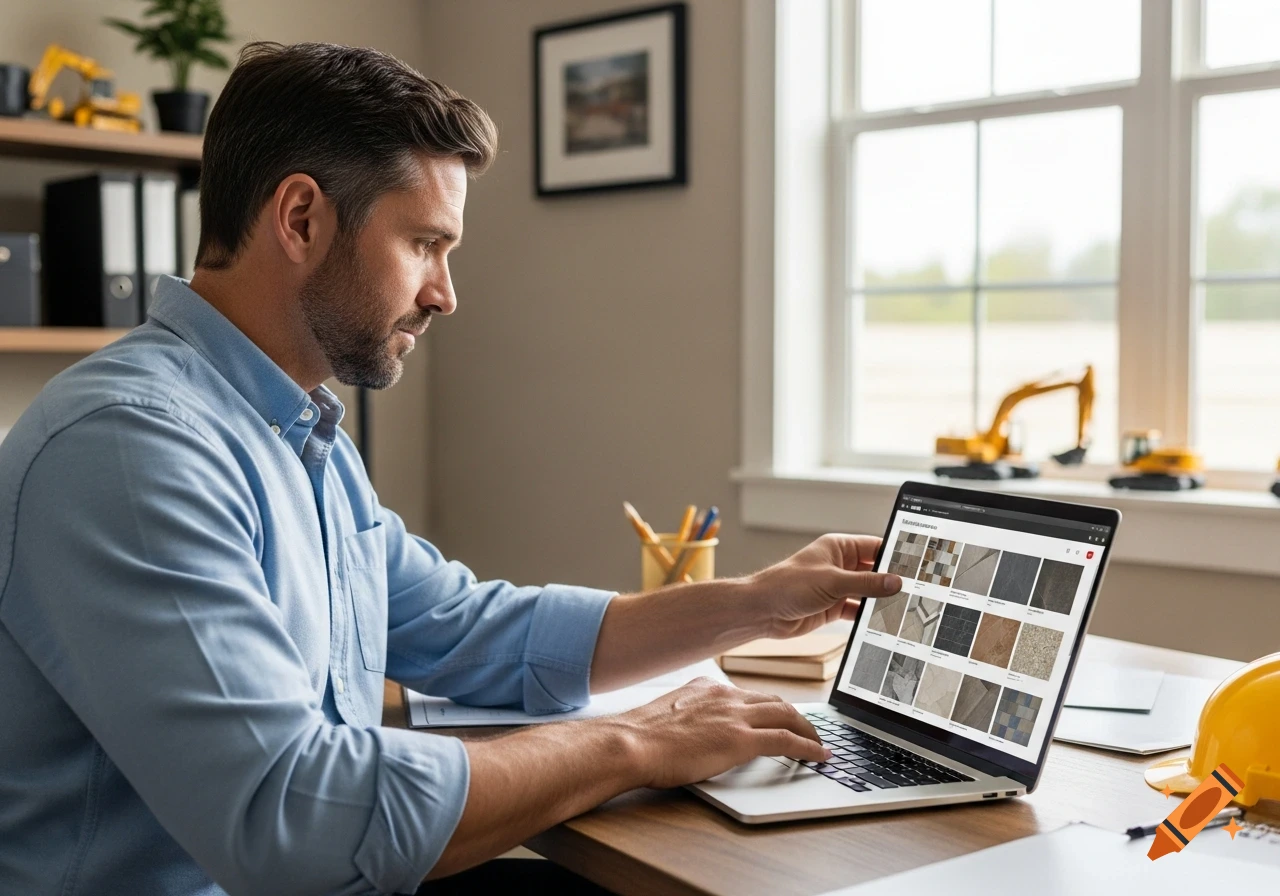 A man in a blue shirt works on a laptop, viewing a website displaying various tile samples. Toy construction vehicles are in the background.
