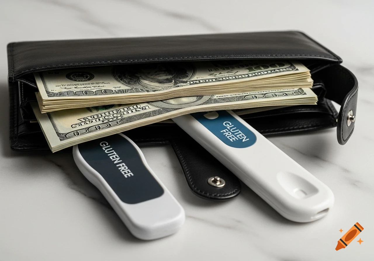 A black wallet overflowing with hundred-dollar bills, next to two 'GLUTEN FREE' testing devices on a marble surface.