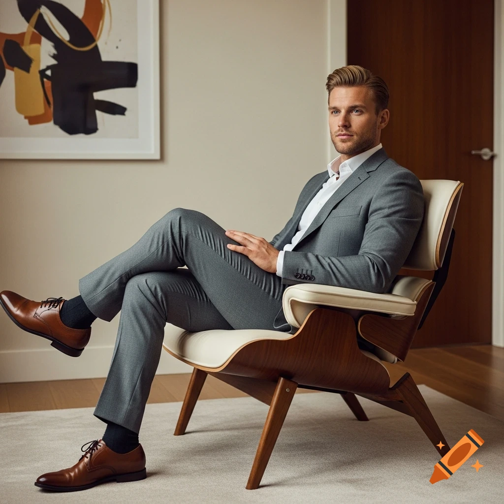 A stylish man in a grey suit and brown shoes sits relaxed in a modern wooden and cream chair in a room with abstract art.