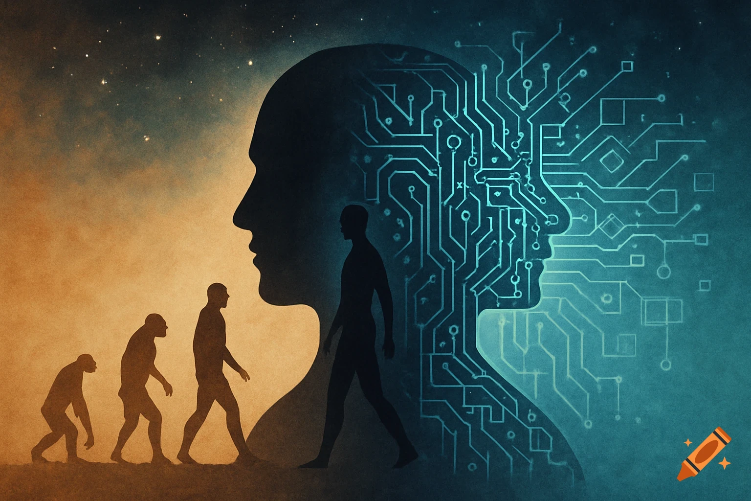 Silhouettes of human evolution merge into a large head with glowing circuit patterns against a starry sky and a tech-themed background.