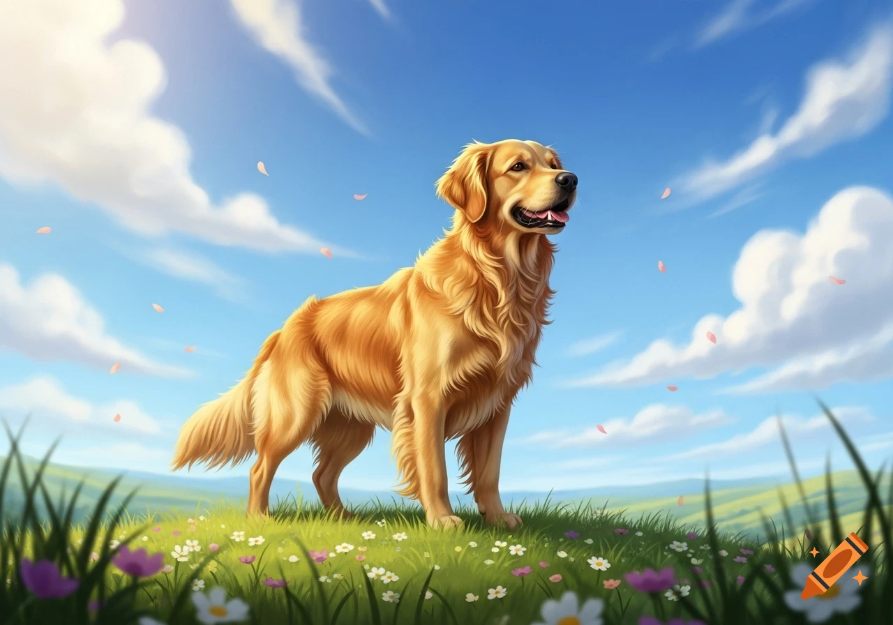 A golden retriever stands in a flower-filled green field under a bright blue sky with clouds and pink petals, in a digital painting style.
