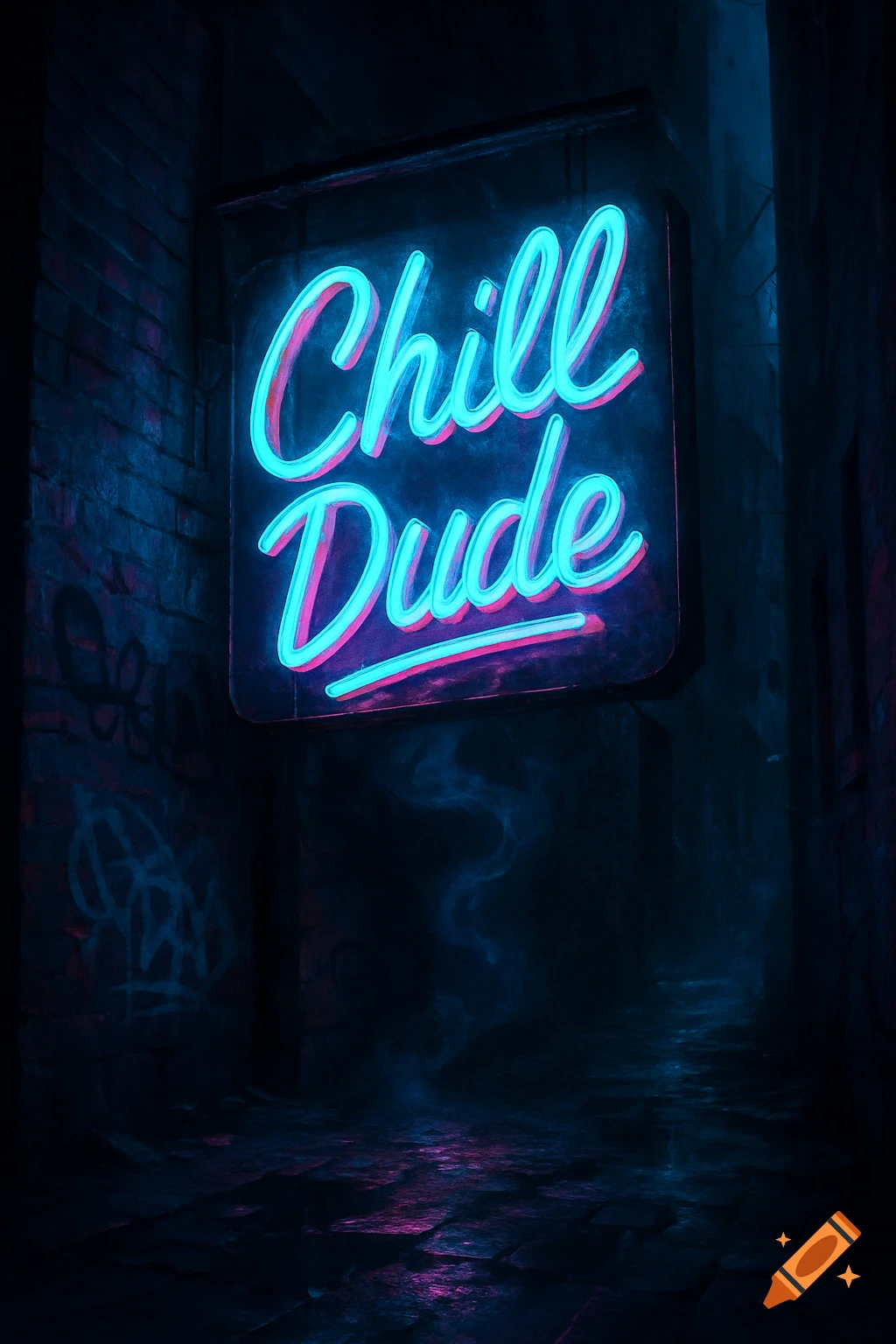 A vibrant blue and pink neon sign spelling 'Chill Dude' illuminates a dark, grungy urban alleyway with reflective wet ground and brick walls.