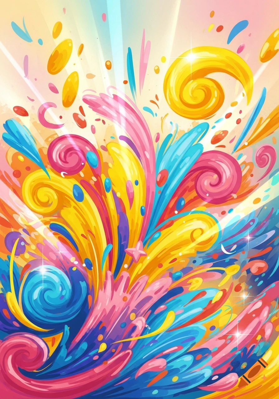 A vibrant explosion of colorful abstract shapes, swirls, and splatters in yellow, pink, blue, and orange with glowing accents.