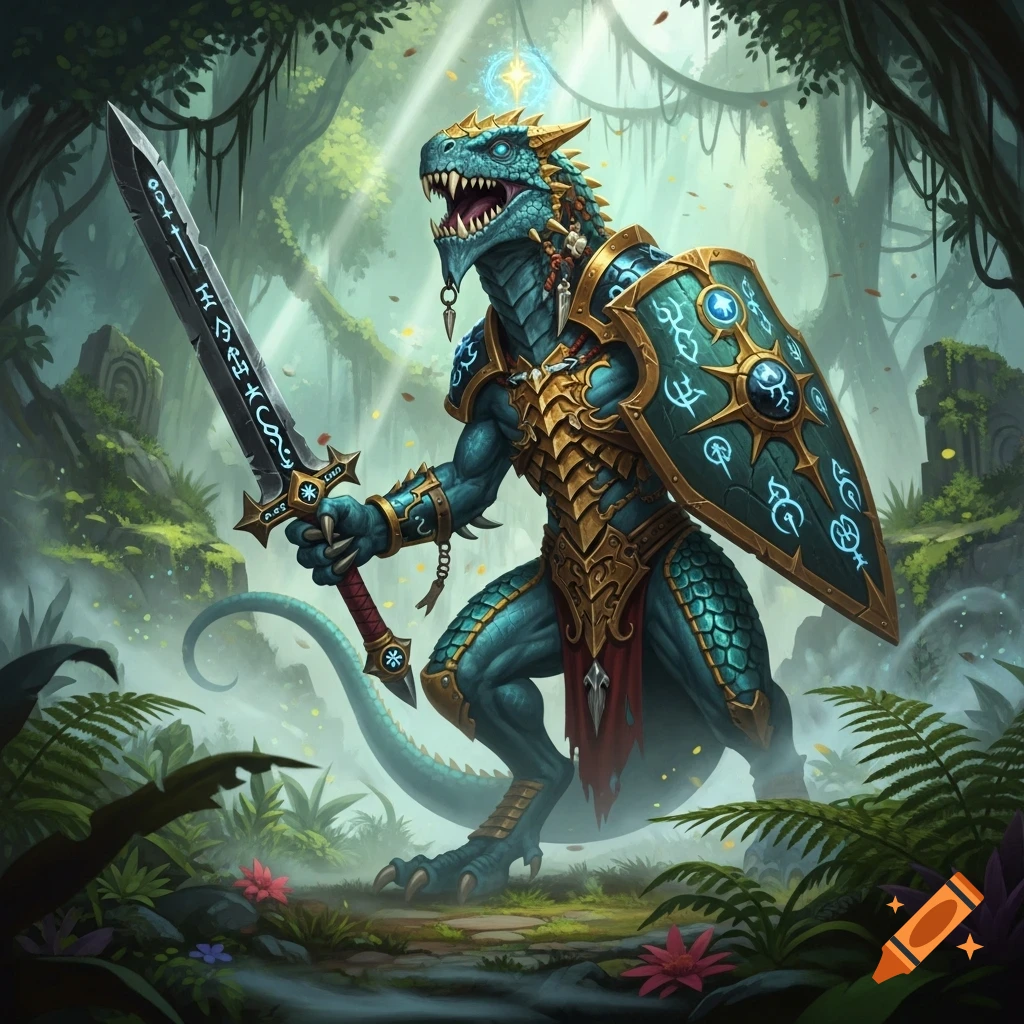 A teal lizardfolk warrior in ornate golden and teal armor stands ready with a sword and shield in a lush, mystical jungle.