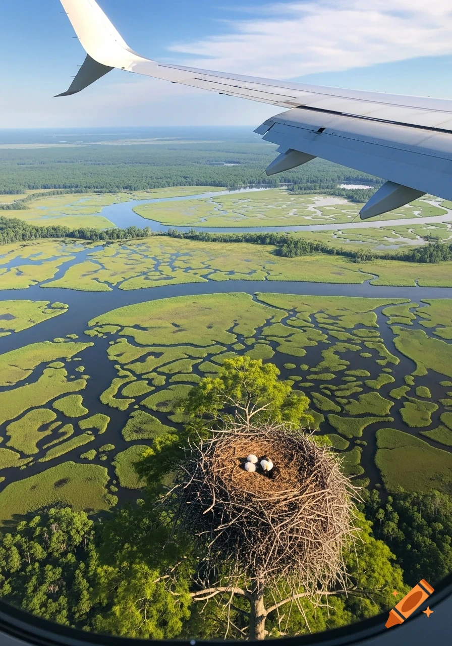 Aerial view from an airplane wing over a green river delta with a large bird's nest containing three eggs in a tree.