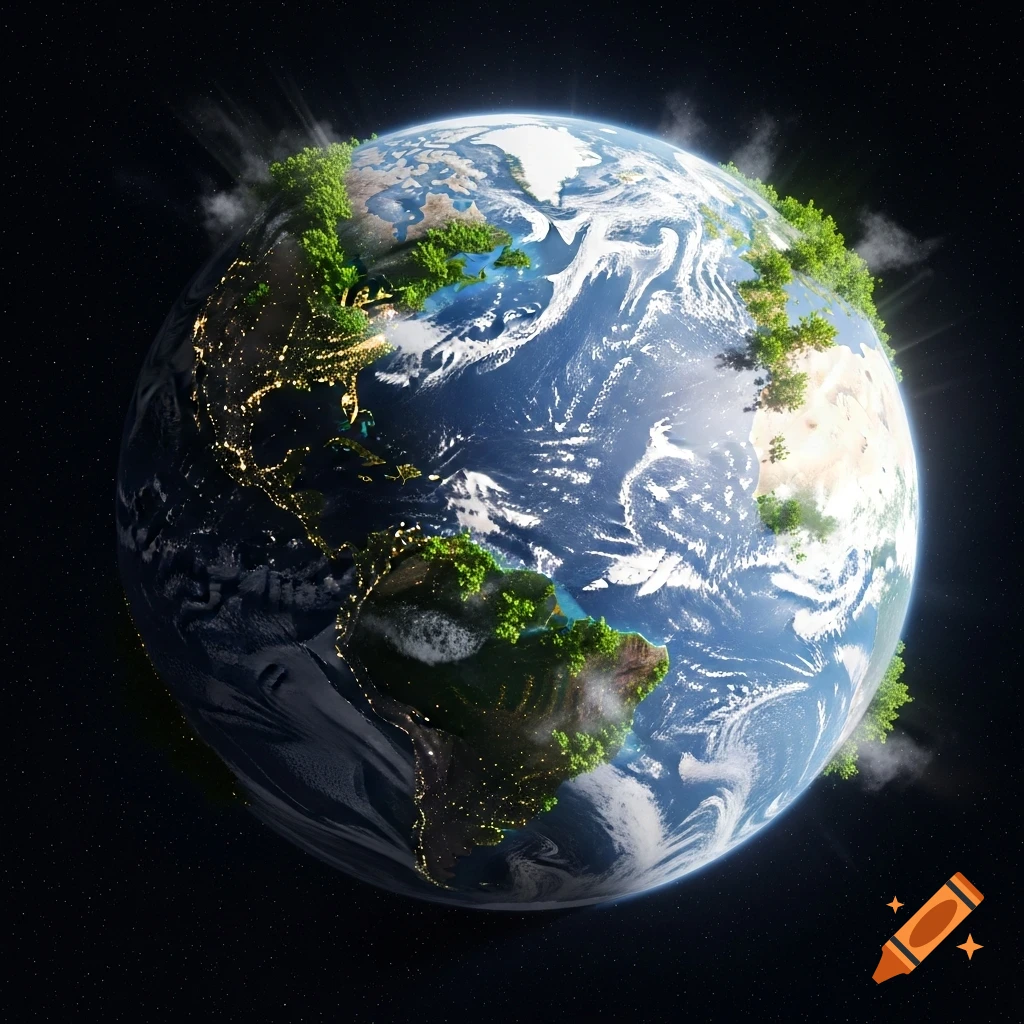 A stylized Earth from space, with green plants on continents and city lights on the night side.