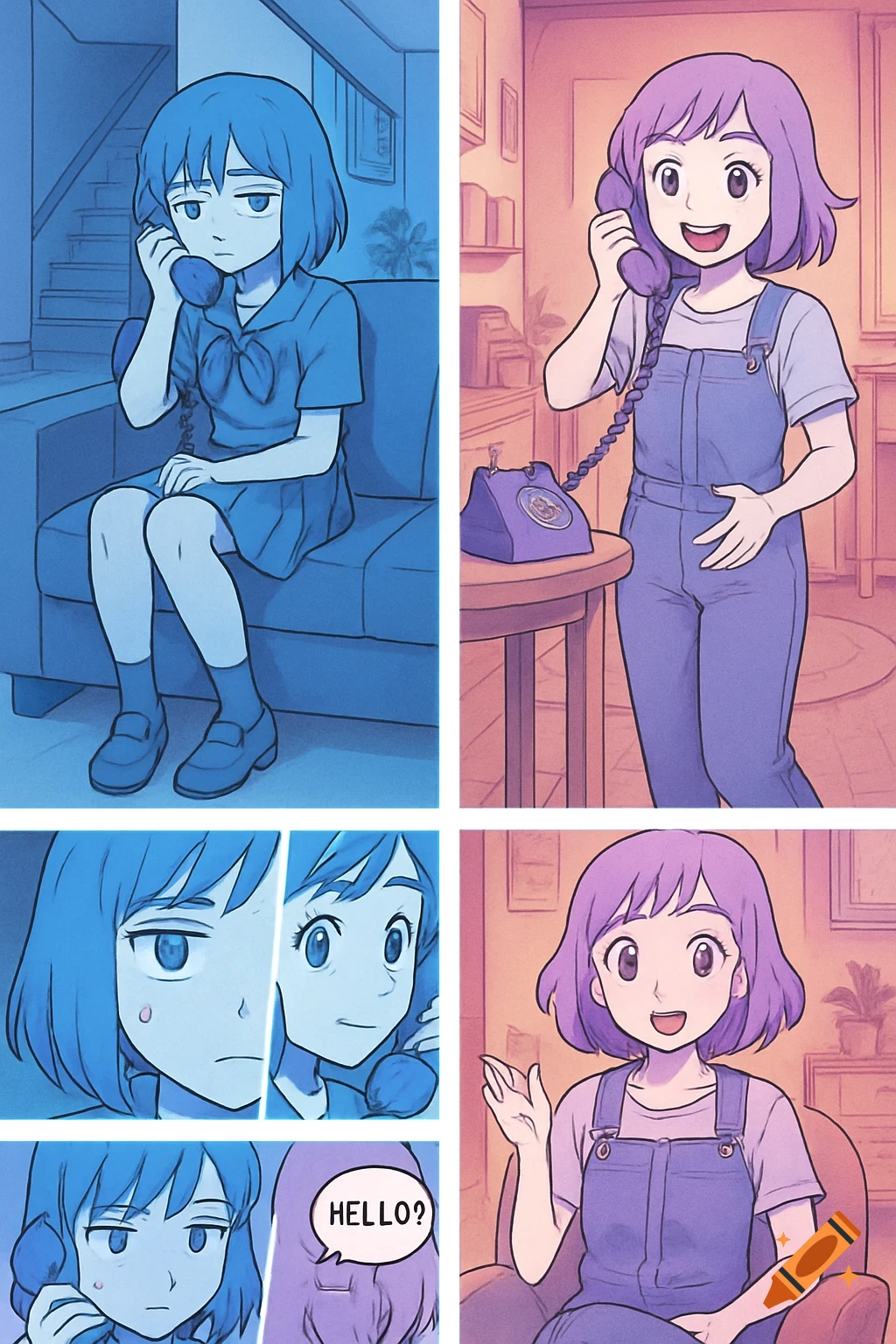 Anime comic strip of two girls on a phone call, one bored in a blue room and one cheerful in a purple room.