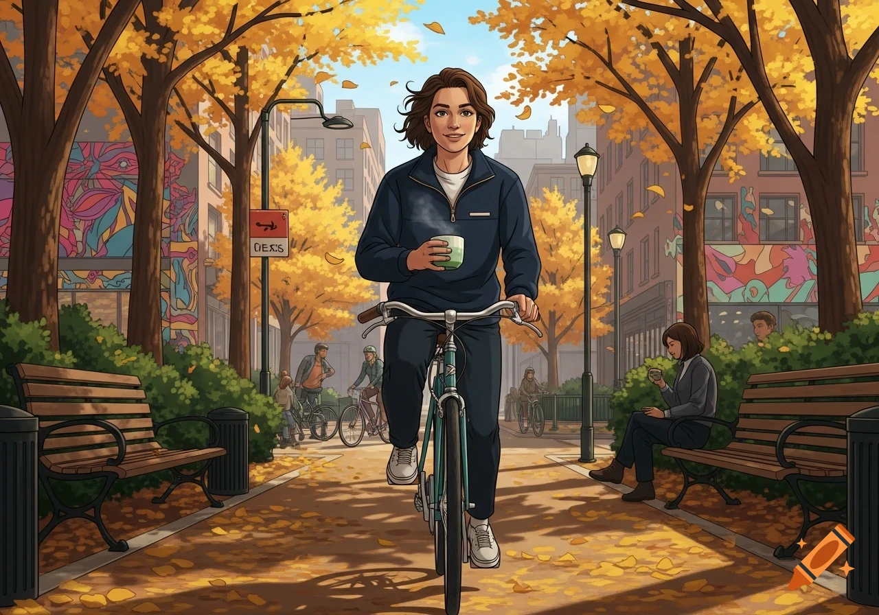 A person rides a bicycle on an autumn park path, holding a steaming mug. Golden trees and city buildings create a vibrant illustrated scene.