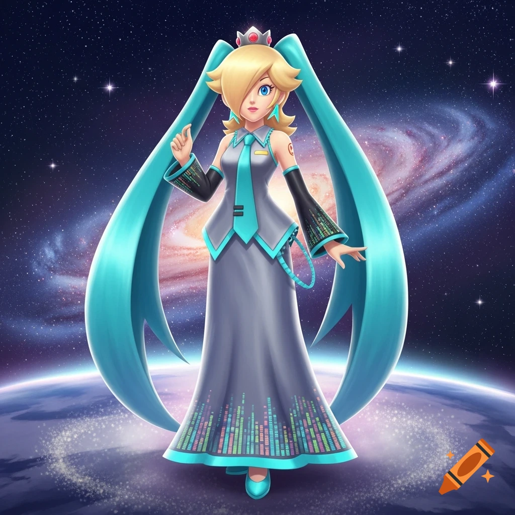 Rosalina from Mario, in a Hatsune Miku costume, stands on a planet in a starry galaxy, digital art style.