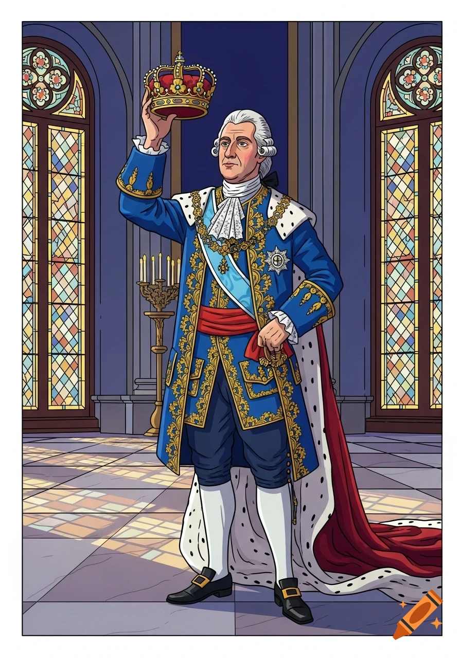 Cartoon illustration of a king in a blue and gold royal costume and powdered wig, holding a crown in a grand hall.