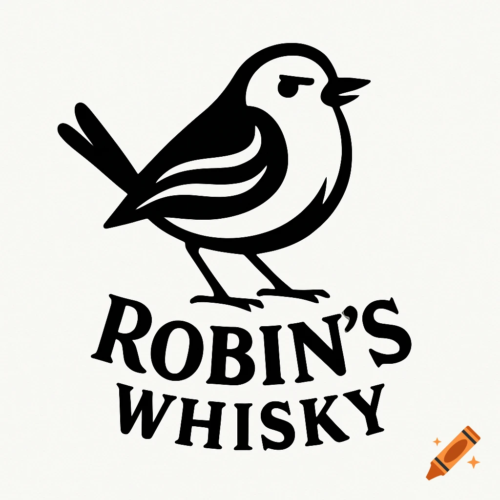 A minimalist black and white logo featuring a stylized bird above the text 'ROBIN'S WHISKY'.