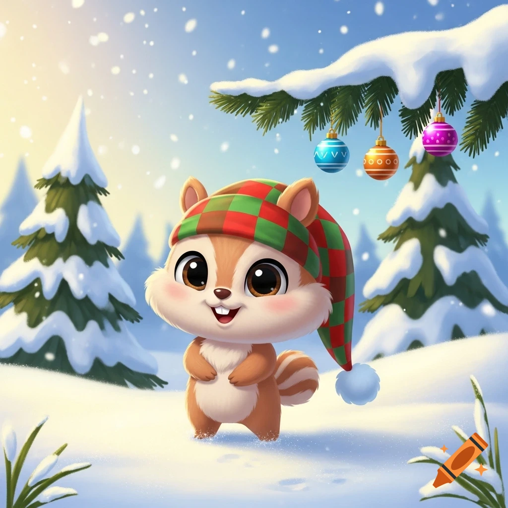 A cute, smiling cartoon squirrel wearing a red and green plaid stocking cap in a snowy winter forest with festive ornaments.