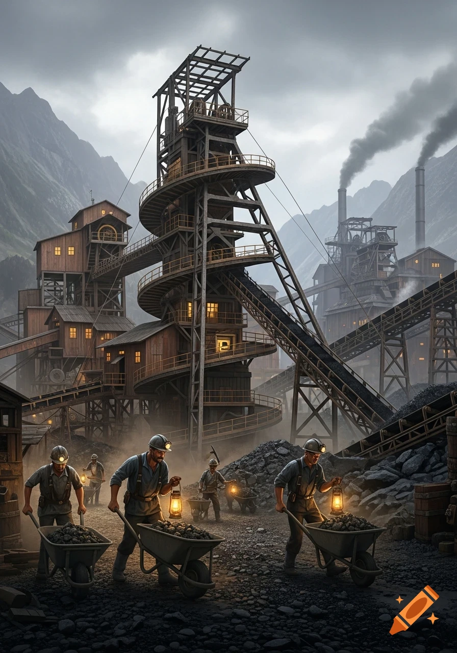 Photorealistic image of miners pushing wheelbarrows of coal in front of a sprawling industrial mine complex amidst mountains under a cloudy sky.