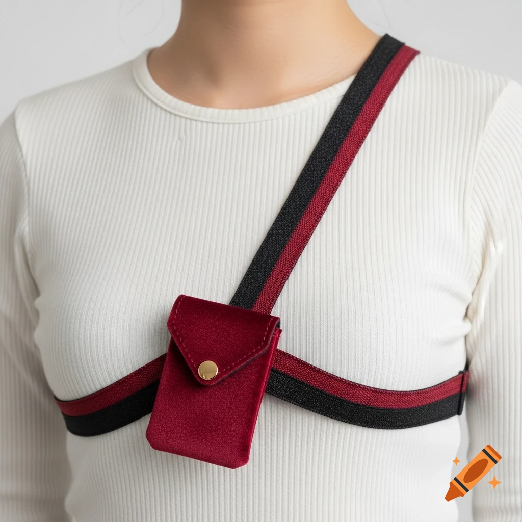 Close-up of a person wearing a white ribbed shirt with a red velvet chest pouch attached to a black and red ribbon harness.