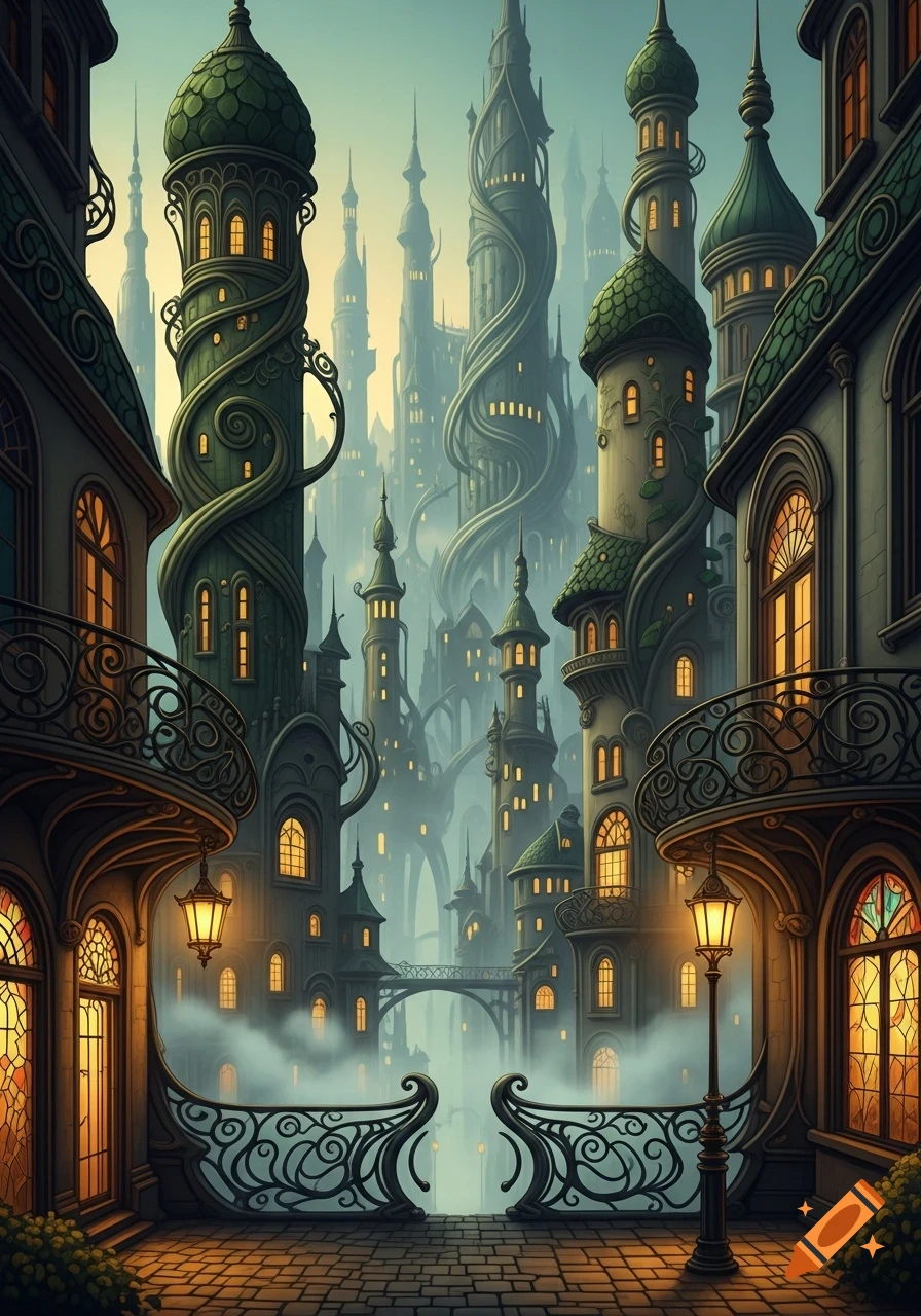 A mystical, sprawling fantasy city with ornate, organic Art Nouveau architecture, illuminated by warm lights at dusk.