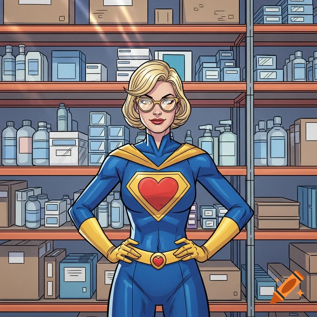 Blonde superheroine in a blue and gold suit with a heart emblem, standing in a warehouse, comic art style.