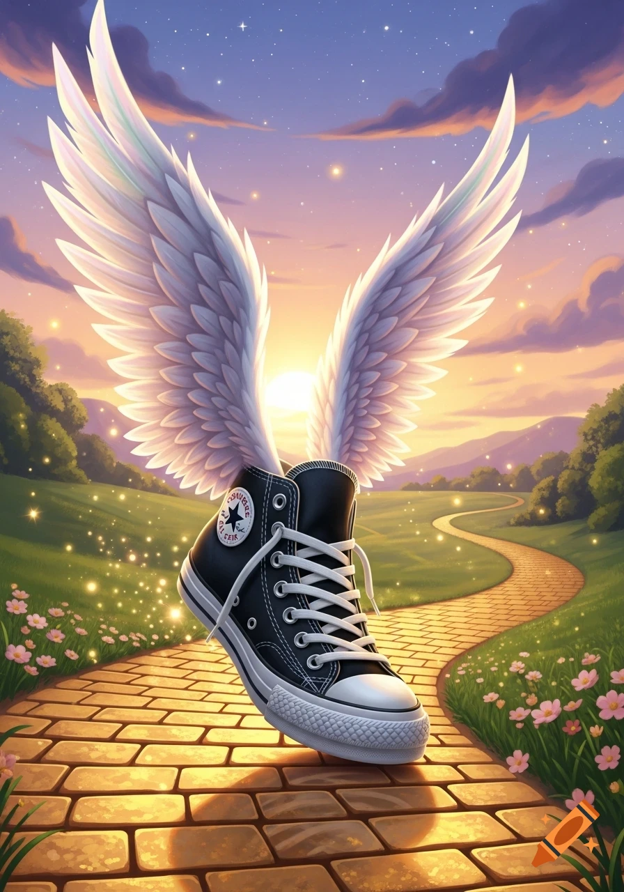 A black high-top sneaker with large white feathered wings floats above a golden brick road winding through a magical, sparkling green landscape with pink flowers under a sunset sky.