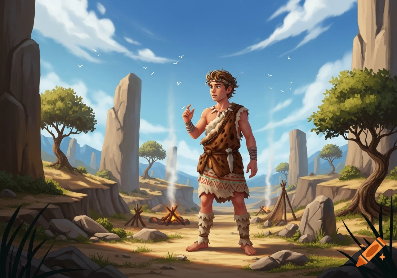 An illustrated young man in primitive clothing stands in a prehistoric landscape with rock formations, campfires, and tents.